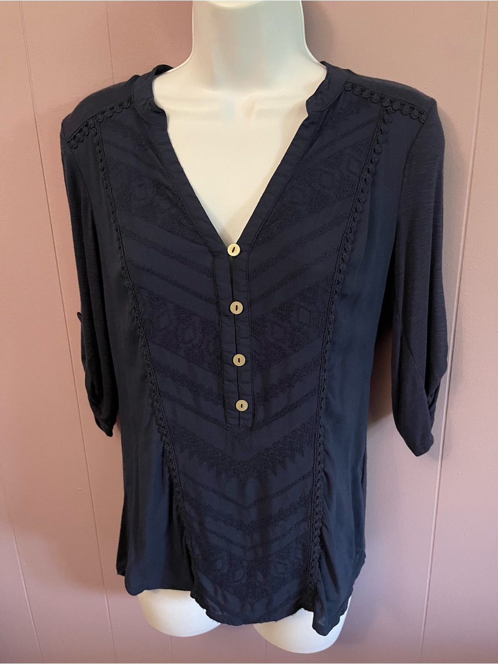 Democracy Navy Button-Front V-Neck Blouse